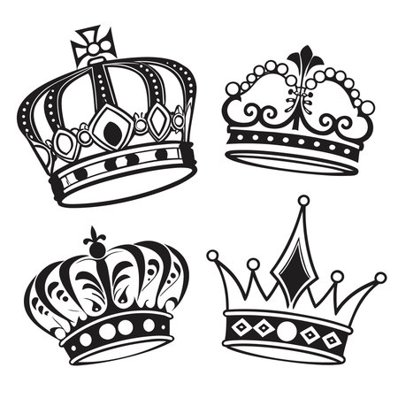 Crowns set. Black and white vector illustration isolated on white backgroundのイラスト素材