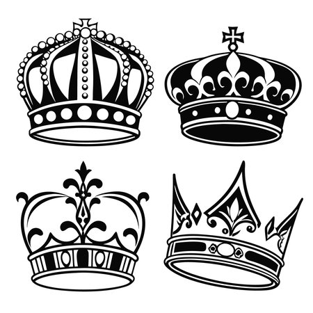 Crowns set. Black and white vector illustration. Isolated on white background.のイラスト素材