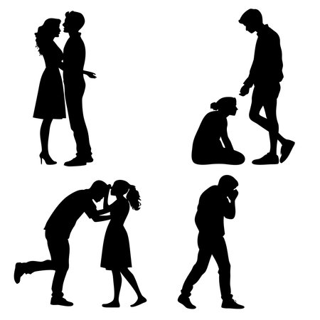 Silhouettes Of Couples In Various Poses. Professional high-quality vector illustration, perfect for print and web use.のイラスト素材