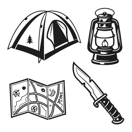 Camping icons set. Hand drawn camping equipment. Vector illustration.のイラスト素材