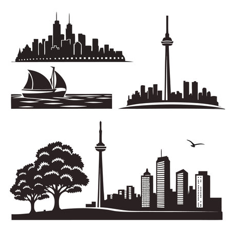Set of different buildings silhouettes on white background. Vector illustration.のイラスト素材