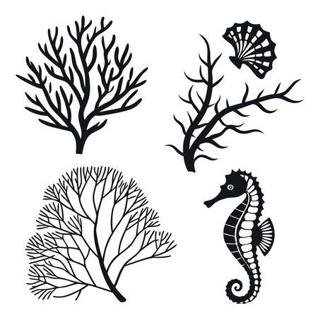 Set of sea animals, seaweed, seahorse, corals and algae. Vector illustrationのイラスト素材