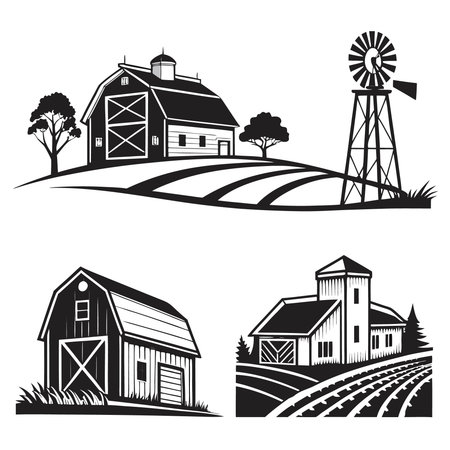 Farm icons set with barn, windmill and trees isolated vector illustrationのイラスト素材