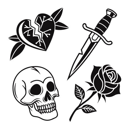 Professional vector illustration showing traditional tattoo flash set with broken heart skull dagger and rose. Ideal for posters, infographics, web, and print projects.のイラスト素材