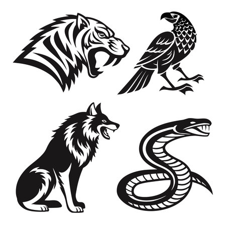 Professional vector illustration showing tiger eagle wolf and snake in black color. Ideal for posters, infographics, web, and print projects.のイラスト素材
