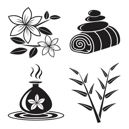 Professional vector illustration showing spa and wellness elements with flowers and bamboo. Ideal for posters, infographics, web, and print projects.のイラスト素材