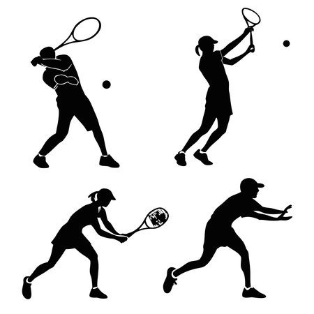 Professional vector illustration showing tennis player silhouette in different stances. Ideal for posters, infographics, web, and print projects.のイラスト素材