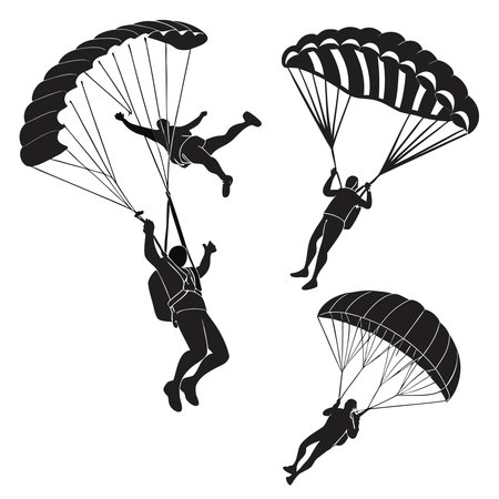 Professional vector illustration showing skydivers silhouettes performing stunts with parachutes. Ideal for posters, infographics, web, and print projects.のイラスト素材