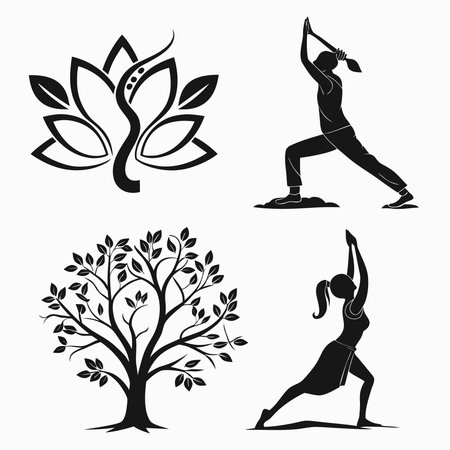 Set of yoga icons with tree and woman silhouette. Vector illustration.のイラスト素材