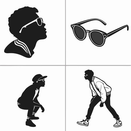 Professional vector illustration showing urban style icons with people and sunglasses. Ideal for posters, infographics, web, and print projects.のイラスト素材