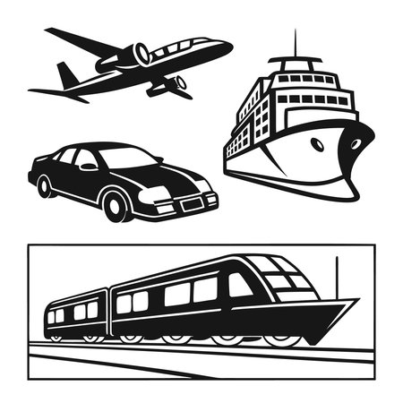 Professional vector illustration showing various modes of transport in black and white. Ideal for posters, infographics, web, and print projects.のイラスト素材
