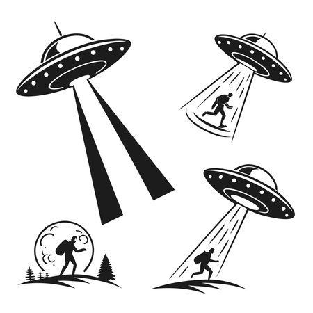 Professional vector illustration showing ufo abducting people with light beams in vector. Ideal for posters, infographics, web, and print projects.のイラスト素材