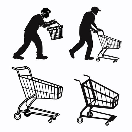 Professional vector illustration showing silhouettes of people with shopping carts. Ideal for posters, infographics, web, and print projects.のイラスト素材