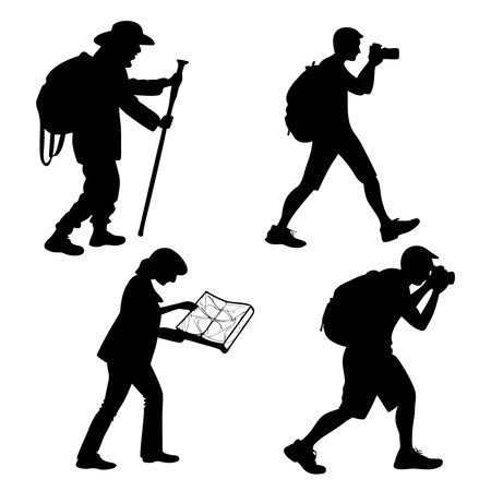 Professional vector illustration showing silhouettes of people hiking and taking pictures. Ideal for posters, infographics, web, and print projects.のイラスト素材