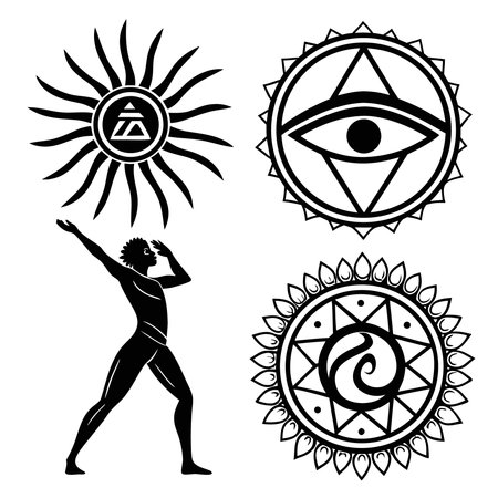 Professional vector illustration showing silhouette of man in yoga pose with esoteric symbols. Ideal for posters, infographics, web, and print projects.のイラスト素材