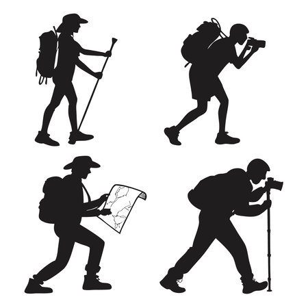 Professional vector illustration showing silhouette of hikers with backpacks and trekking poles. Ideal for posters, infographics, web, and print projects.のイラスト素材
