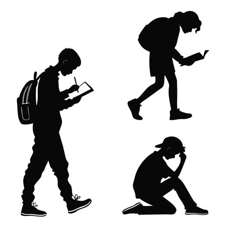 Professional vector illustration showing silhouette of students reading and writing. Ideal for posters, infographics, web, and print projects.のイラスト素材