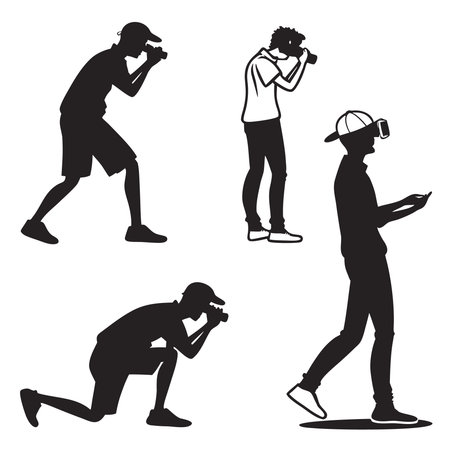 Professional vector illustration showing silhouetted photographer in various poses. Ideal for posters, infographics, web, and print projects.のイラスト素材
