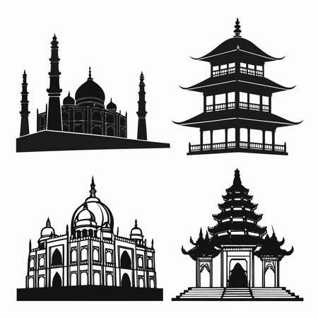 Professional vector illustration showing silhouettes of famous asian landmarks. Ideal for posters, infographics, web, and print projects.のイラスト素材