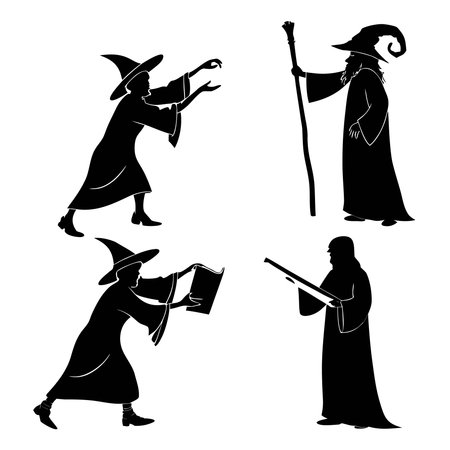 Professional vector illustration showing silhouettes of wizards and sorcerers casting spells. Ideal for posters, infographics, web, and print projects.のイラスト素材