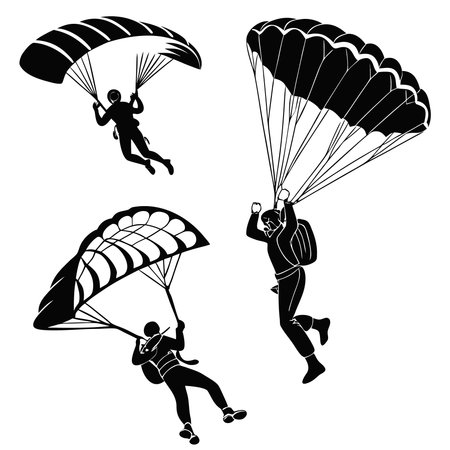 Professional vector illustration showing silhouette of skydivers with parachutes. Ideal for posters, infographics, web, and print projects.のイラスト素材