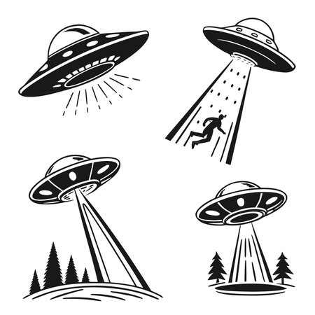 Professional vector illustration showing set of ufo abducting people in vector format. Ideal for posters, infographics, web, and print projects.のイラスト素材