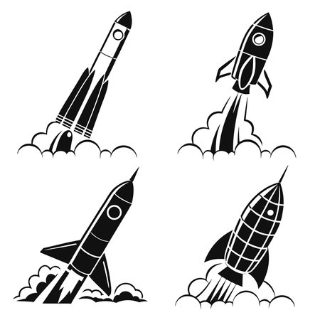 Professional vector illustration showing set of four black and white rocket launch icons. Ideal for posters, infographics, web, and print projects.のイラスト素材