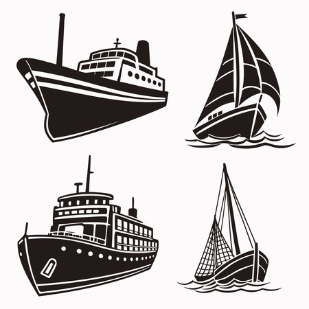 Professional vector illustration showing set of various boat icons. Ideal for posters, infographics, web, and print projects.のイラスト素材