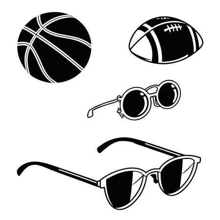 Professional vector illustration showing set of sport balls and sunglasses sport and style. Ideal for posters, infographics, web, and print projects.のイラスト素材