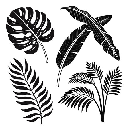 Professional vector illustration showing set of tropical leaves silhouette vector art. Ideal for posters, infographics, web, and print projects.のイラスト素材