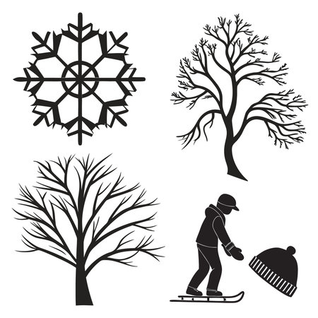 Professional vector illustration showing set of four black and white winter scene illustrations. Ideal for posters, infographics, web, and print projects.のイラスト素材