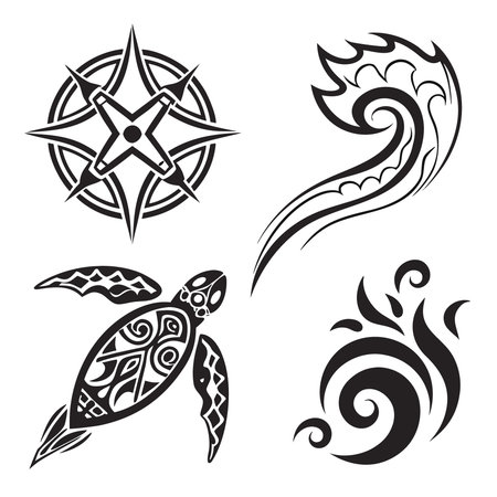 Professional vector illustration showing set of four tribal tattoo in black color. Ideal for posters, infographics, web, and print projects.のイラスト素材