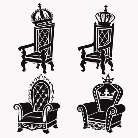 Professional vector illustration showing set of four ornate royal throne chairs. Ideal for posters, infographics, web, and print projects.のイラスト素材