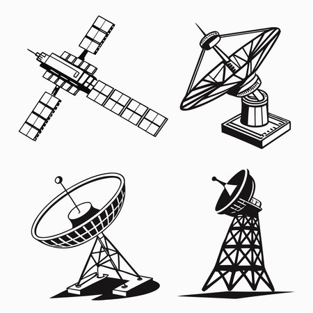 Professional vector illustration showing set of satellite dishes for telecommunication. Ideal for posters, infographics, web, and print projects.のイラスト素材