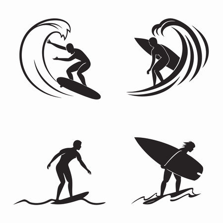 Professional vector illustration showing set of surfer silhouettes for summer vacation concept. Ideal for posters, infographics, web, and print projects.のイラスト素材