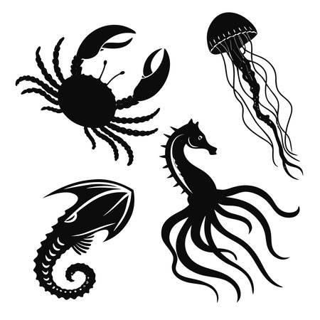 Professional vector illustration showing sea monster collection with crab and jellyfish. Ideal for posters, infographics, web, and print projects.のイラスト素材