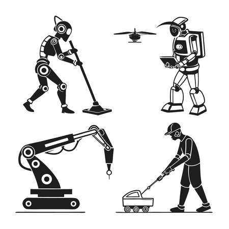 Professional vector illustration showing robots doing various jobs in vector illustration. Ideal for posters, infographics, web, and print projects.のイラスト素材