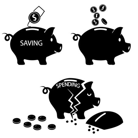 Professional vector illustration showing saving and spending concept with piggy banks. Ideal for posters, infographics, web, and print projects.のイラスト素材