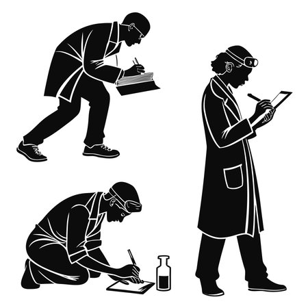 Professional vector illustration showing scientists in lab coats conducting research. Ideal for posters, infographics, web, and print projects.のイラスト素材