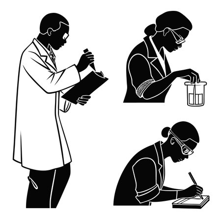 Professional vector illustration showing scientists conducting experiments in lab. Ideal for posters, infographics, web, and print projects.のイラスト素材