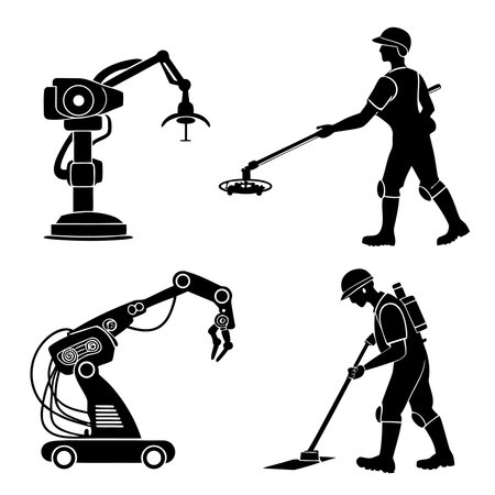 Professional vector illustration showing robotic arm and industrial worker icons. Ideal for posters, infographics, web, and print projects.のイラスト素材