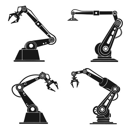 Professional vector illustration showing robotic arm set industrial automation machinery concept. Ideal for posters, infographics, web, and print projects.のイラスト素材