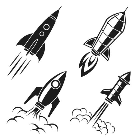 Professional vector illustration showing four unique rocket ship icons. Ideal for posters, infographics, web, and print projects.のイラスト素材