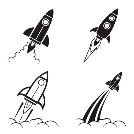 Four Black And White Rocket Launch Icons. Professional high-quality vector illustration, perfect for print and web use.のイラスト素材