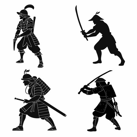 Collection Of Samurai Warrior Silhouettes In Various Stances On. Professional high-quality vector illustration, perfect for print and web use.のイラスト素材