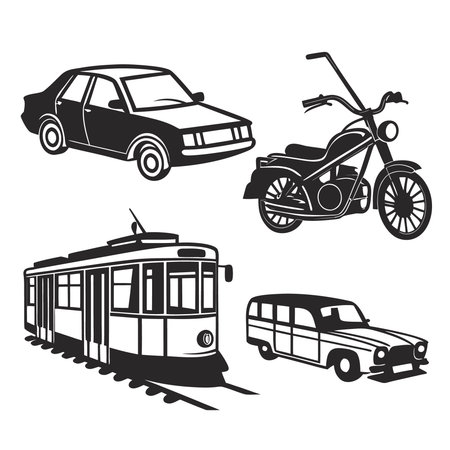 Collection Of Car Motorcycle And Tram In Black. Professional high-quality vector illustration, perfect for print and web use.のイラスト素材