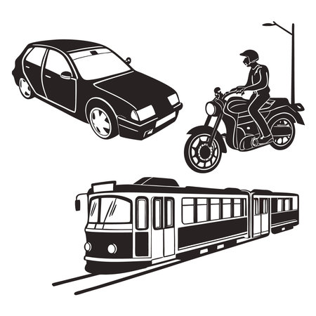 Car Motorcycle And Tram In Black And White. Professional high-quality vector illustration, perfect for print and web use.のイラスト素材