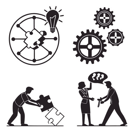 Business Concept Icons With Gears Puzzle Light Bulb. Professional high-quality vector illustration, perfect for print and web use.のイラスト素材