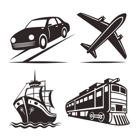 Black And White Transport Icons Including Plane Car Ship And Train. Professional high-quality vector illustration, perfect for print and web use.のイラスト素材