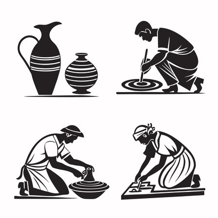Black And White Illustration Of Pottery Making Process. Professional high-quality vector illustration, perfect for print and web use.のイラスト素材